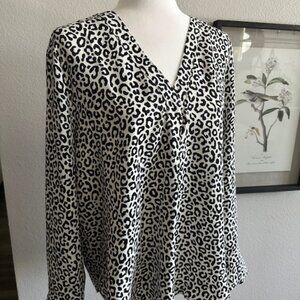 NWT ANN TAYLOR $59.50 Black White Animal Leopard Print Top Blouse Size L